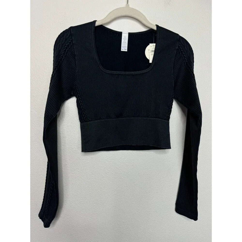 OFFLINE Aerie Seamless Cable Cropped Acid Wash Top Sz S Black Long Sleeve New